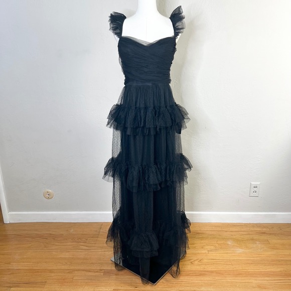 Lulus Dresses & Skirts - Lulus Black Swiss Dot Tiered Tulle Mesh Maxi Dress Ruffle Sweetheart Gown New L